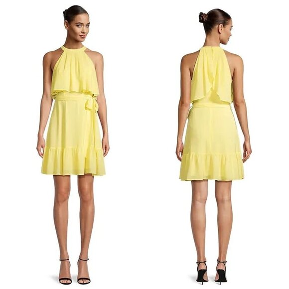 Eliza J Solid Yellow Chiffon Overlay Fit & Flare Dress Halter Sleeveless Short - Picture 1 of 14